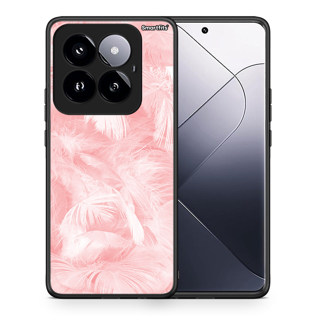 Θήκη Xiaomi 14 Pro 5G Pink Feather Boho από τη Smartfits με σχέδιο στο πίσω μέρος και μαύρο περίβλημα | Xiaomi 14 Pro 5G Pink Feather Boho case with colorful back and black bezels