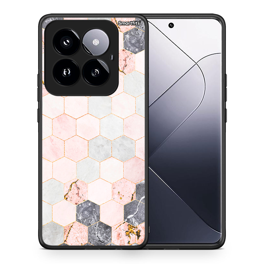 Θήκη Xiaomi 14 Pro 5G Hexagon Pink Marble από τη Smartfits με σχέδιο στο πίσω μέρος και μαύρο περίβλημα | Xiaomi 14 Pro 5G Hexagon Pink Marble case with colorful back and black bezels