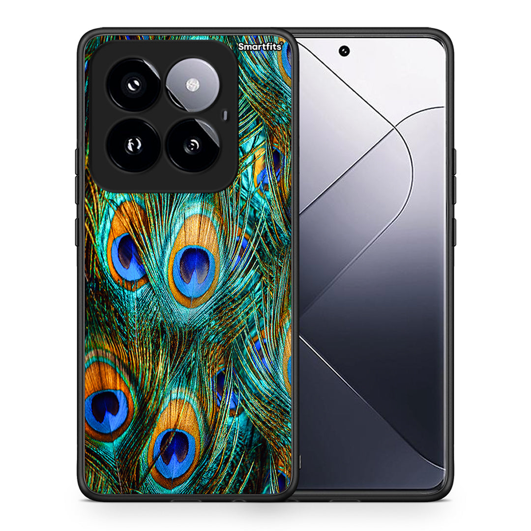 Θήκη Xiaomi 14 Pro 5G Real Peacock Feathers από τη Smartfits με σχέδιο στο πίσω μέρος και μαύρο περίβλημα | Xiaomi 14 Pro 5G Real Peacock Feathers case with colorful back and black bezels