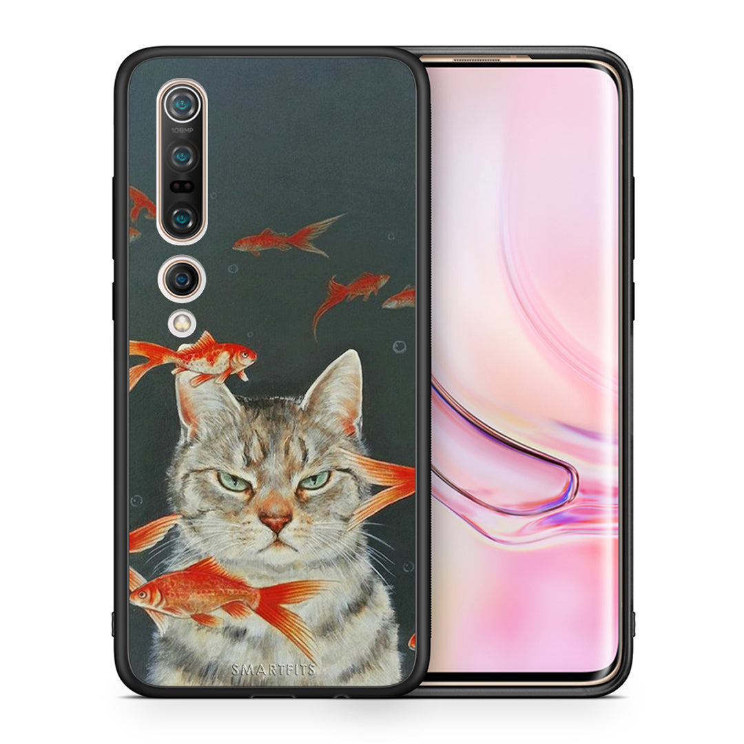 Θήκη Xiaomi Mi 10 Pro Cat Goldfish από τη Smartfits με σχέδιο στο πίσω μέρος και μαύρο περίβλημα | Xiaomi Mi 10 Pro Cat Goldfish case with colorful back and black bezels