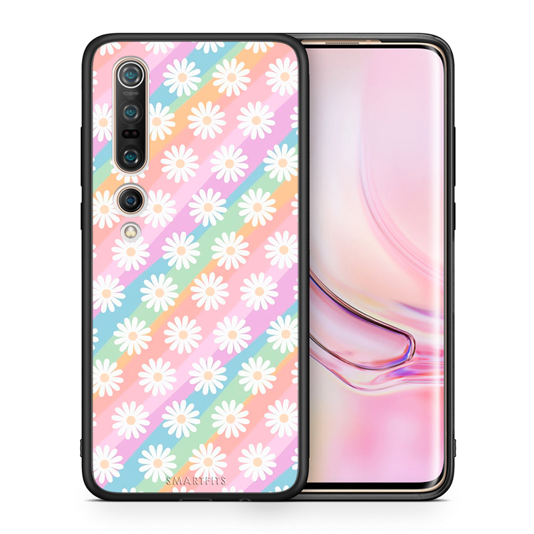 Θήκη Xiaomi Mi 10 White Daisies από τη Smartfits με σχέδιο στο πίσω μέρος και μαύρο περίβλημα | Xiaomi Mi 10 White Daisies case with colorful back and black bezels