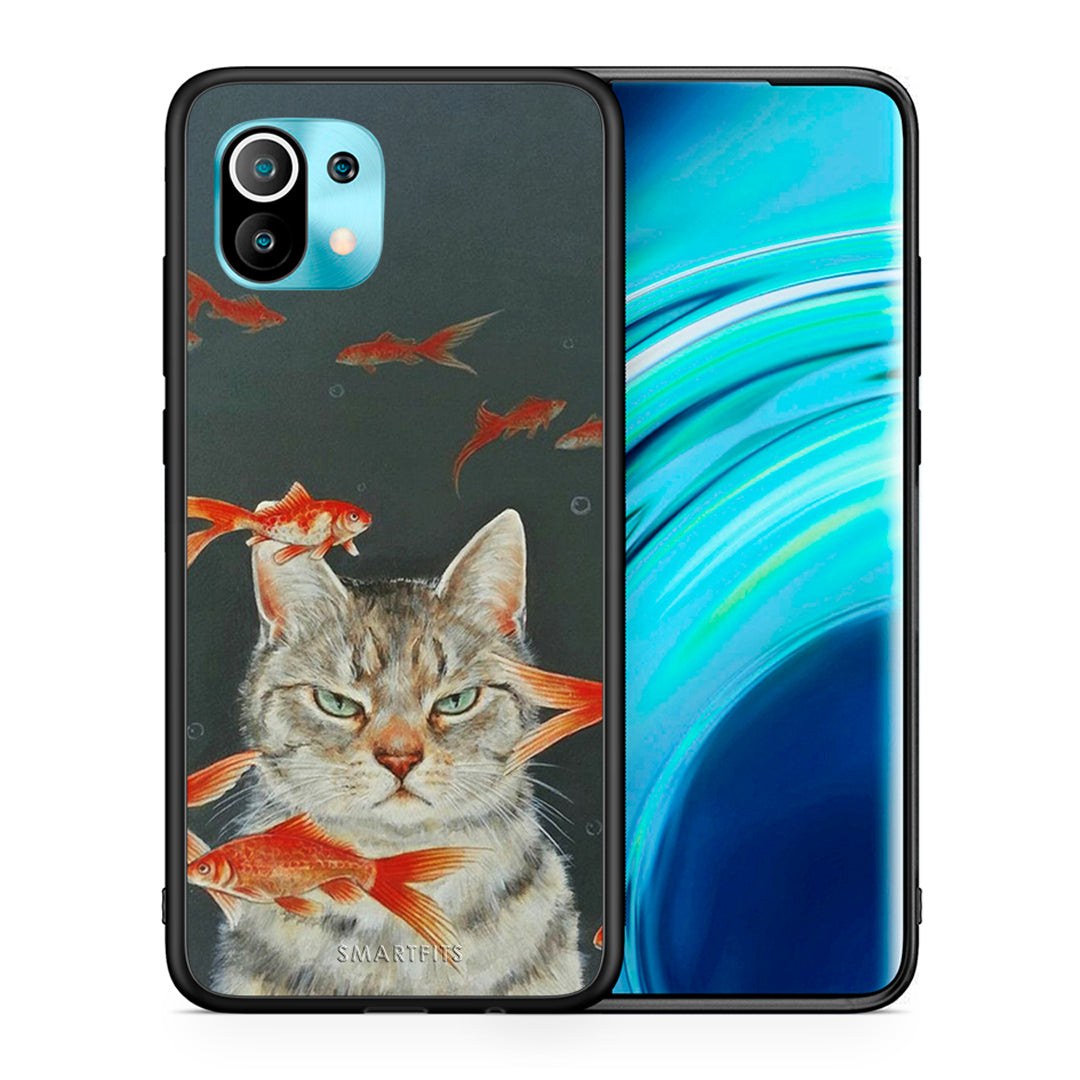 Θήκη Xiaomi Mi 11 Cat Goldfish από τη Smartfits με σχέδιο στο πίσω μέρος και μαύρο περίβλημα | Xiaomi Mi 11 Cat Goldfish case with colorful back and black bezels