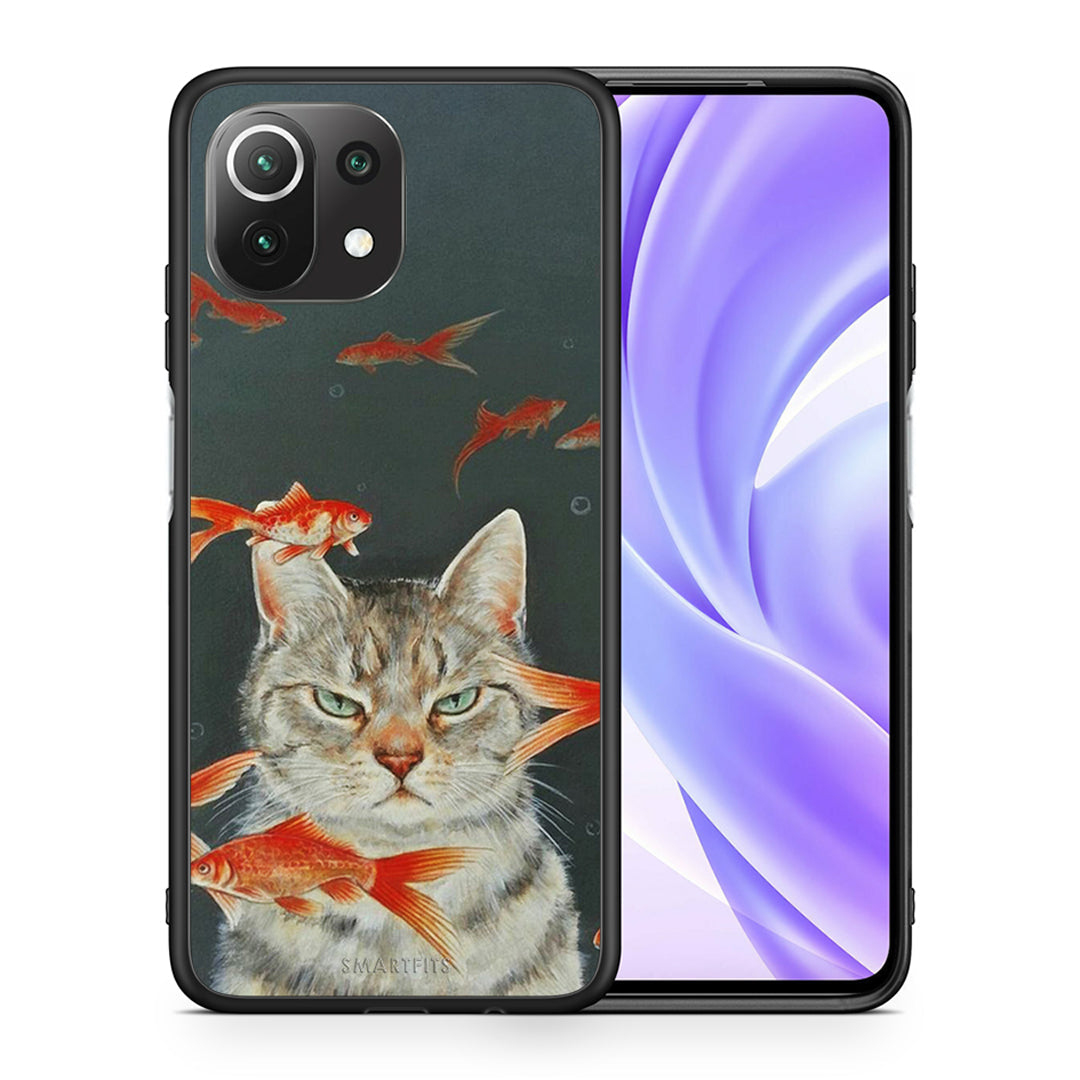 Θήκη Xiaomi 11 Lite/Mi 11 Lite Cat Goldfish από τη Smartfits με σχέδιο στο πίσω μέρος και μαύρο περίβλημα | Xiaomi 11 Lite/Mi 11 Lite Cat Goldfish case with colorful back and black bezels