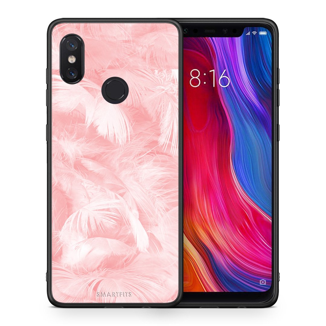 Θήκη Xiaomi Mi 8 Pink Feather Boho από τη Smartfits με σχέδιο στο πίσω μέρος και μαύρο περίβλημα | Xiaomi Mi 8 Pink Feather Boho case with colorful back and black bezels