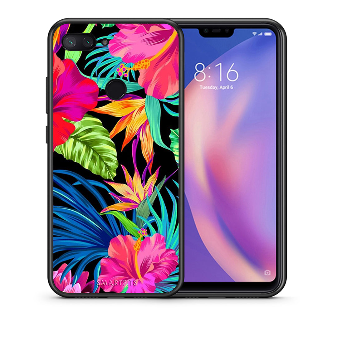 Θήκη Xiaomi Mi 8 Lite Tropical Flowers από τη Smartfits με σχέδιο στο πίσω μέρος και μαύρο περίβλημα | Xiaomi Mi 8 Lite Tropical Flowers case with colorful back and black bezels