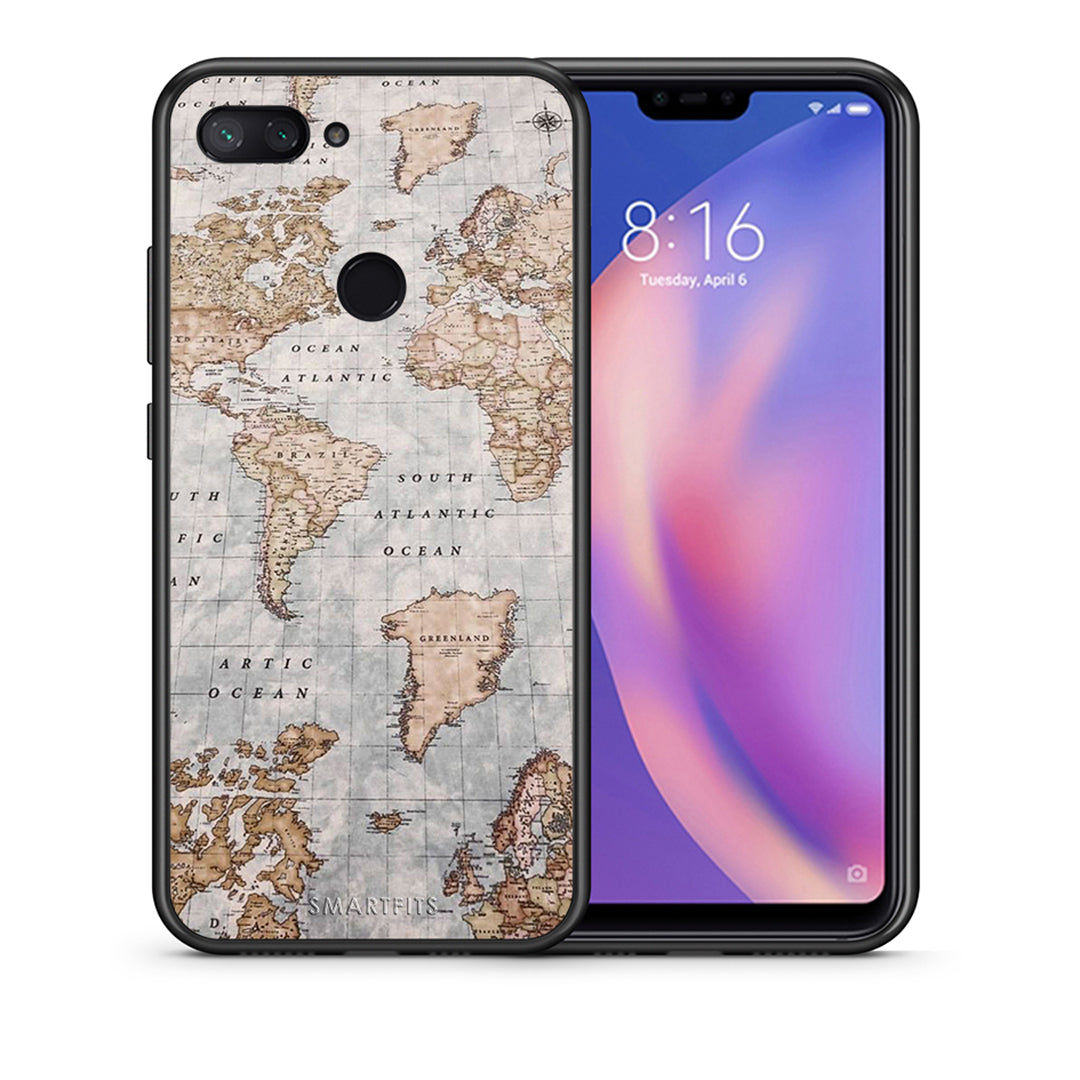 Θήκη Xiaomi Mi 8 Lite World Map από τη Smartfits με σχέδιο στο πίσω μέρος και μαύρο περίβλημα | Xiaomi Mi 8 Lite World Map case with colorful back and black bezels