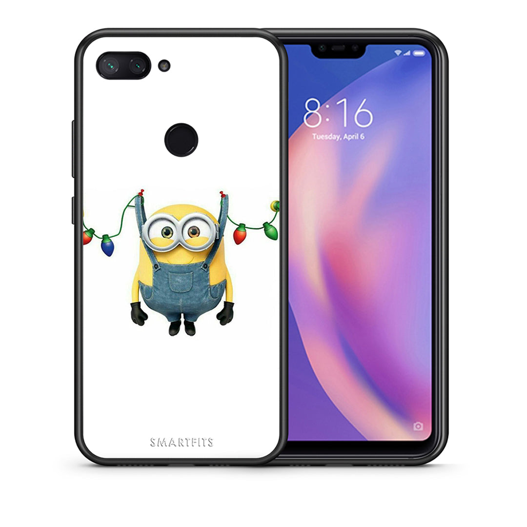 Θήκη Xiaomi Mi 8 Lite Xmas Minion Lights από τη Smartfits με σχέδιο στο πίσω μέρος και μαύρο περίβλημα | Xiaomi Mi 8 Lite Xmas Minion Lights case with colorful back and black bezels