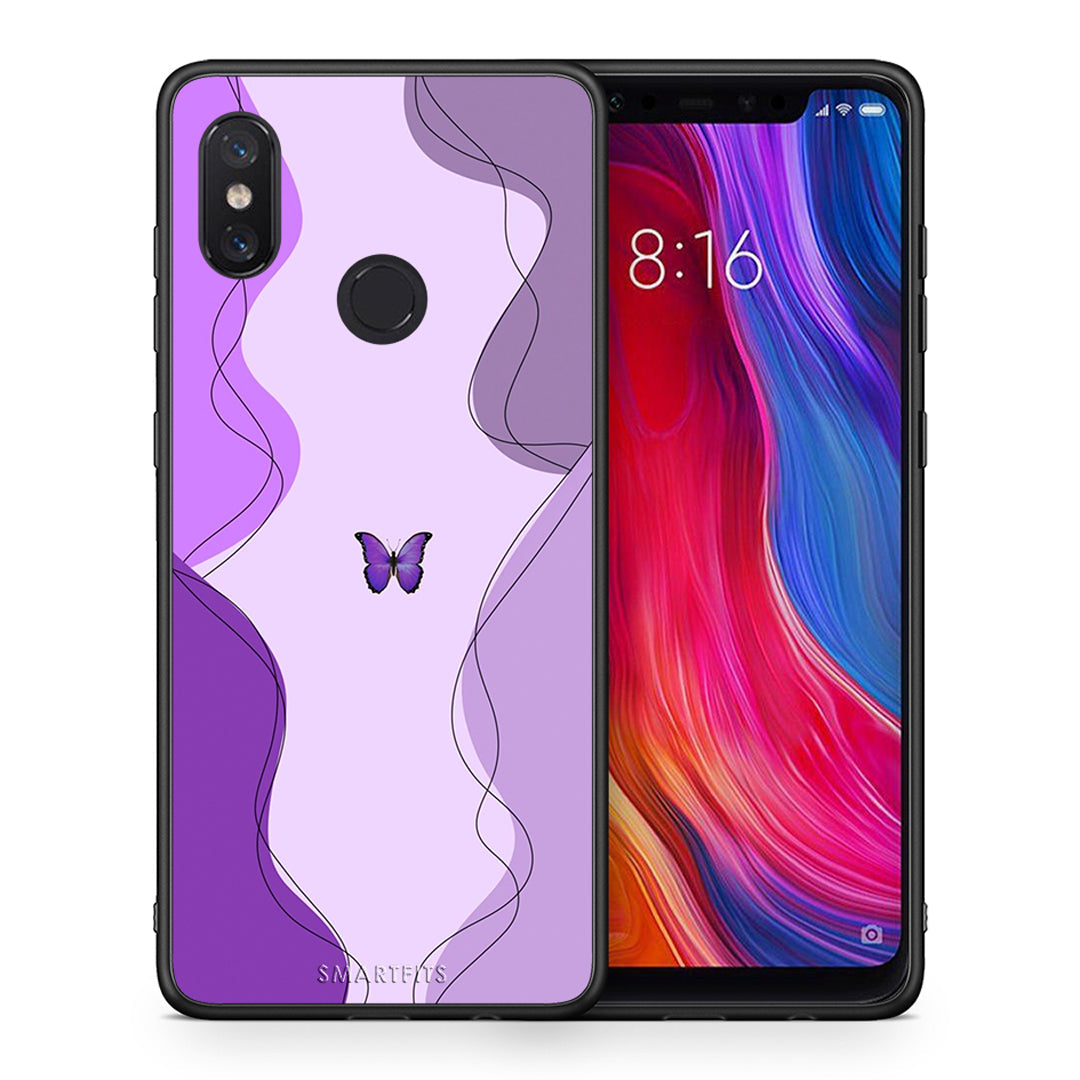 Θήκη Αγίου Βαλεντίνου Xiaomi Mi 8 Purple Mariposa από τη Smartfits με σχέδιο στο πίσω μέρος και μαύρο περίβλημα | Xiaomi Mi 8 Purple Mariposa case with colorful back and black bezels