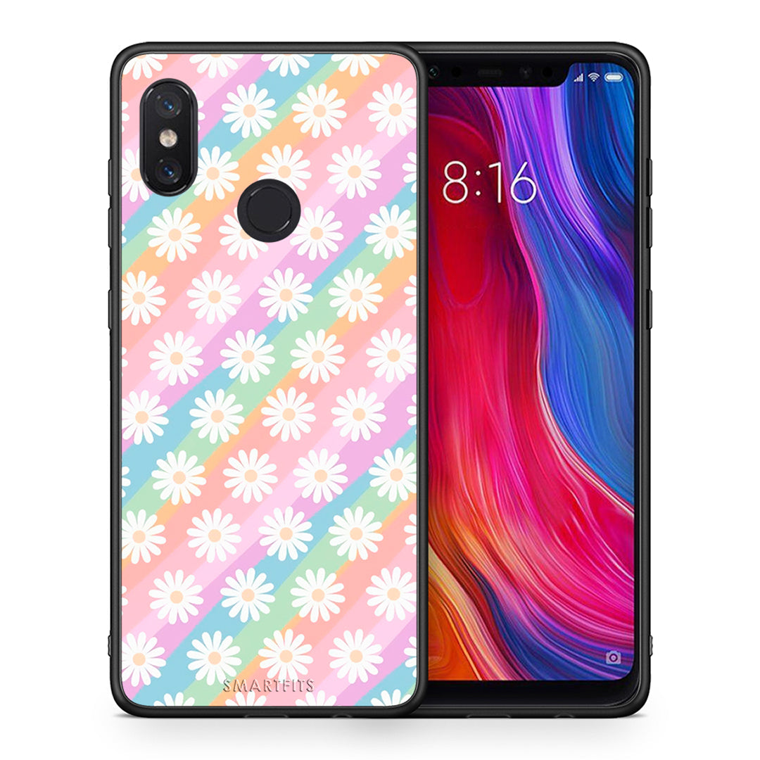 Θήκη Xiaomi Mi 8 White Daisies από τη Smartfits με σχέδιο στο πίσω μέρος και μαύρο περίβλημα | Xiaomi Mi 8 White Daisies case with colorful back and black bezels