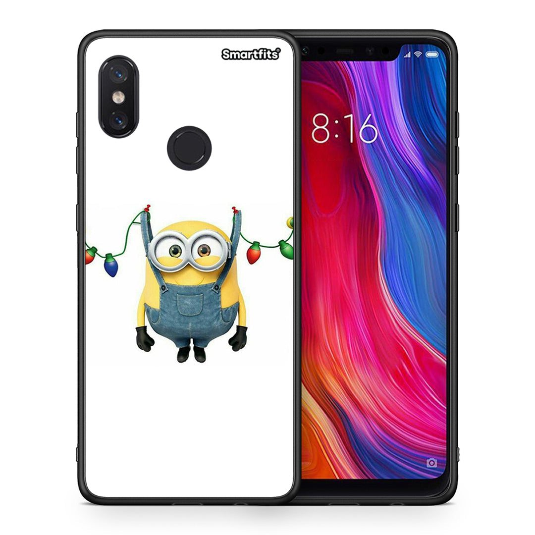 Θήκη Xiaomi Mi 8 Xmas Minion Lights από τη Smartfits με σχέδιο στο πίσω μέρος και μαύρο περίβλημα | Xiaomi Mi 8 Xmas Minion Lights case with colorful back and black bezels