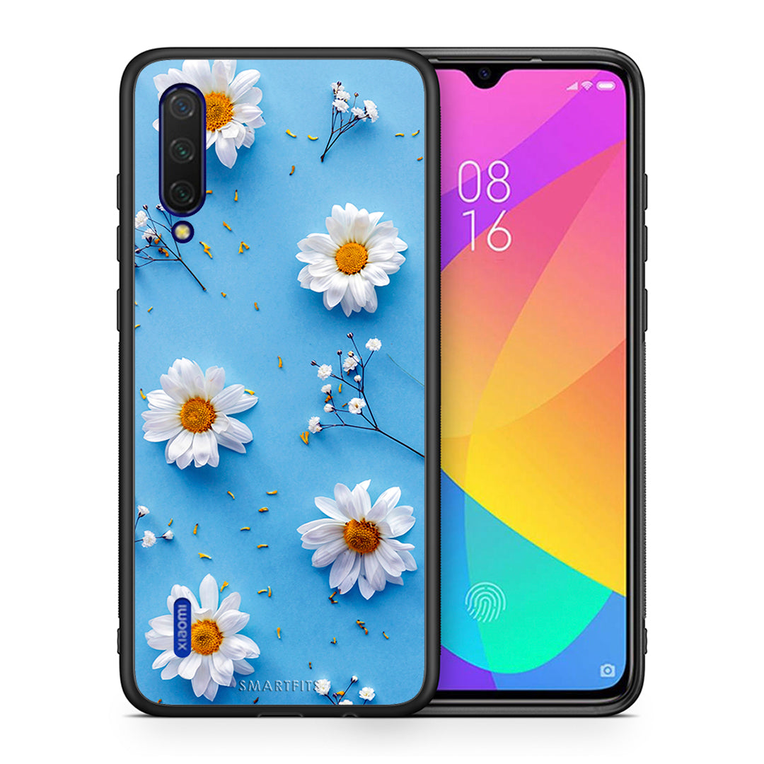 Θήκη Xiaomi Mi 9 Lite Real Daisies από τη Smartfits με σχέδιο στο πίσω μέρος και μαύρο περίβλημα | Xiaomi Mi 9 Lite Real Daisies case with colorful back and black bezels