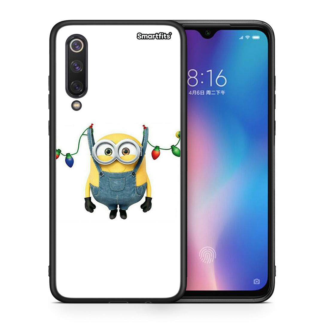 Θήκη Xiaomi Mi 9 SE Xmas Minion Lights από τη Smartfits με σχέδιο στο πίσω μέρος και μαύρο περίβλημα | Xiaomi Mi 9 SE Xmas Minion Lights case with colorful back and black bezels