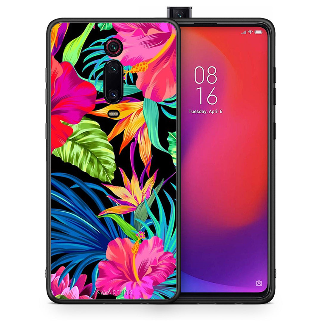 Θήκη Xiaomi Mi 9T Tropical Flowers από τη Smartfits με σχέδιο στο πίσω μέρος και μαύρο περίβλημα | Xiaomi Mi 9T Tropical Flowers case with colorful back and black bezels