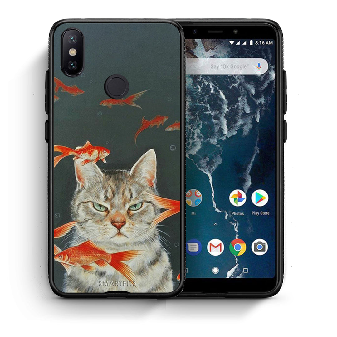 Θήκη Xiaomi Mi A2 Cat Goldfish από τη Smartfits με σχέδιο στο πίσω μέρος και μαύρο περίβλημα | Xiaomi Mi A2 Cat Goldfish case with colorful back and black bezels