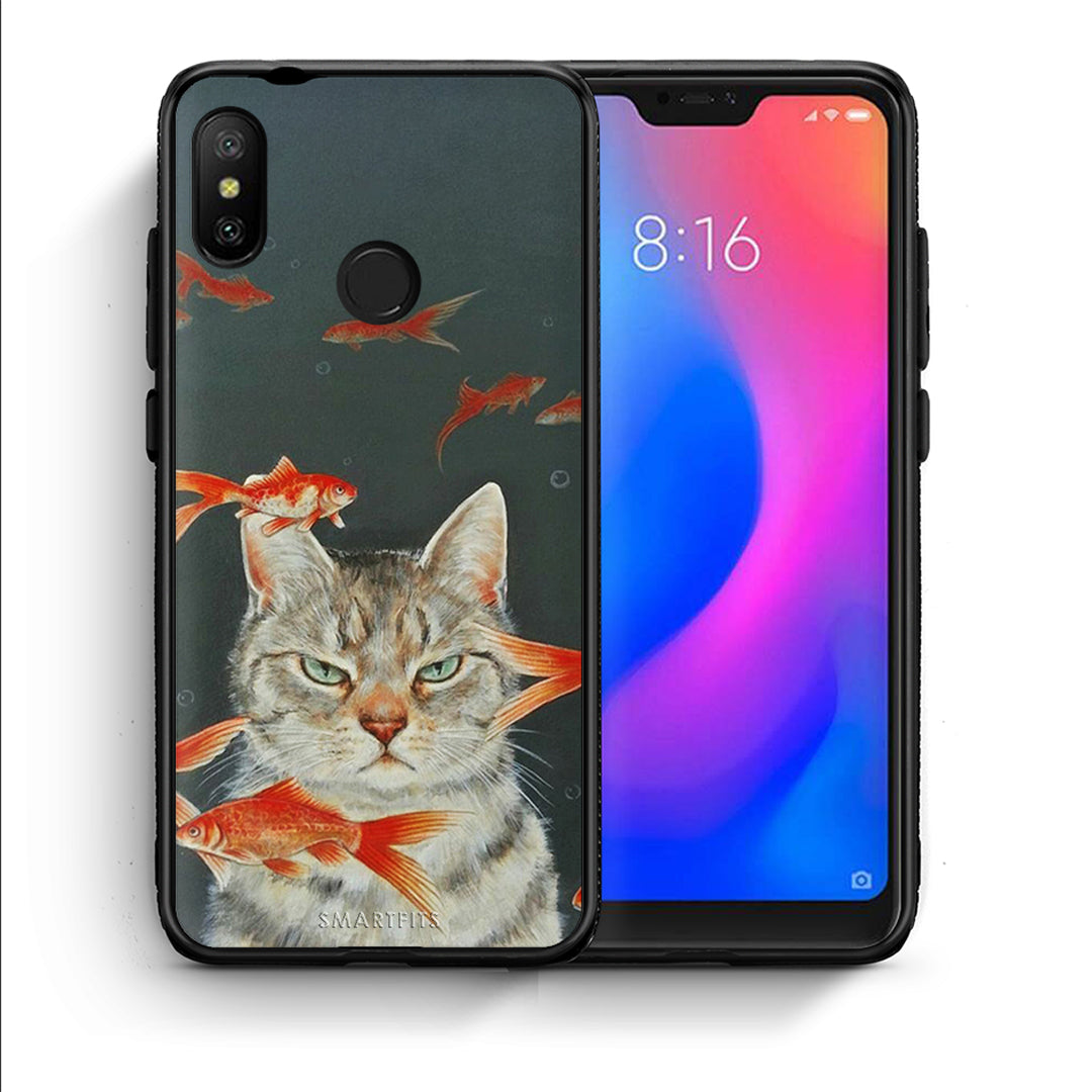 Θήκη Xiaomi Mi A2 Lite Cat Goldfish από τη Smartfits με σχέδιο στο πίσω μέρος και μαύρο περίβλημα | Xiaomi Mi A2 Lite Cat Goldfish case with colorful back and black bezels