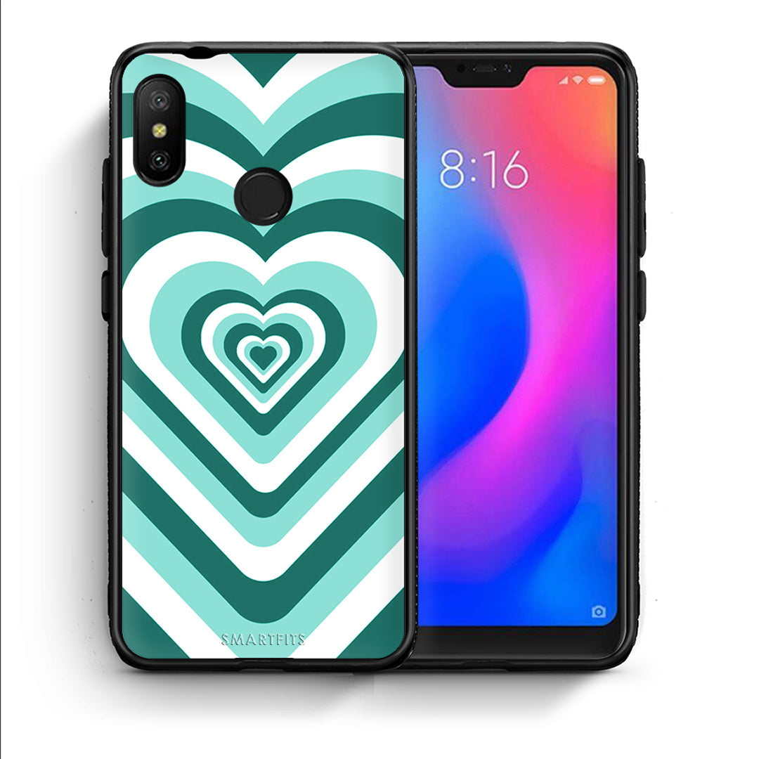 Θήκη Xiaomi Mi A2 Lite Green Hearts από τη Smartfits με σχέδιο στο πίσω μέρος και μαύρο περίβλημα | Xiaomi Mi A2 Lite Green Hearts case with colorful back and black bezels