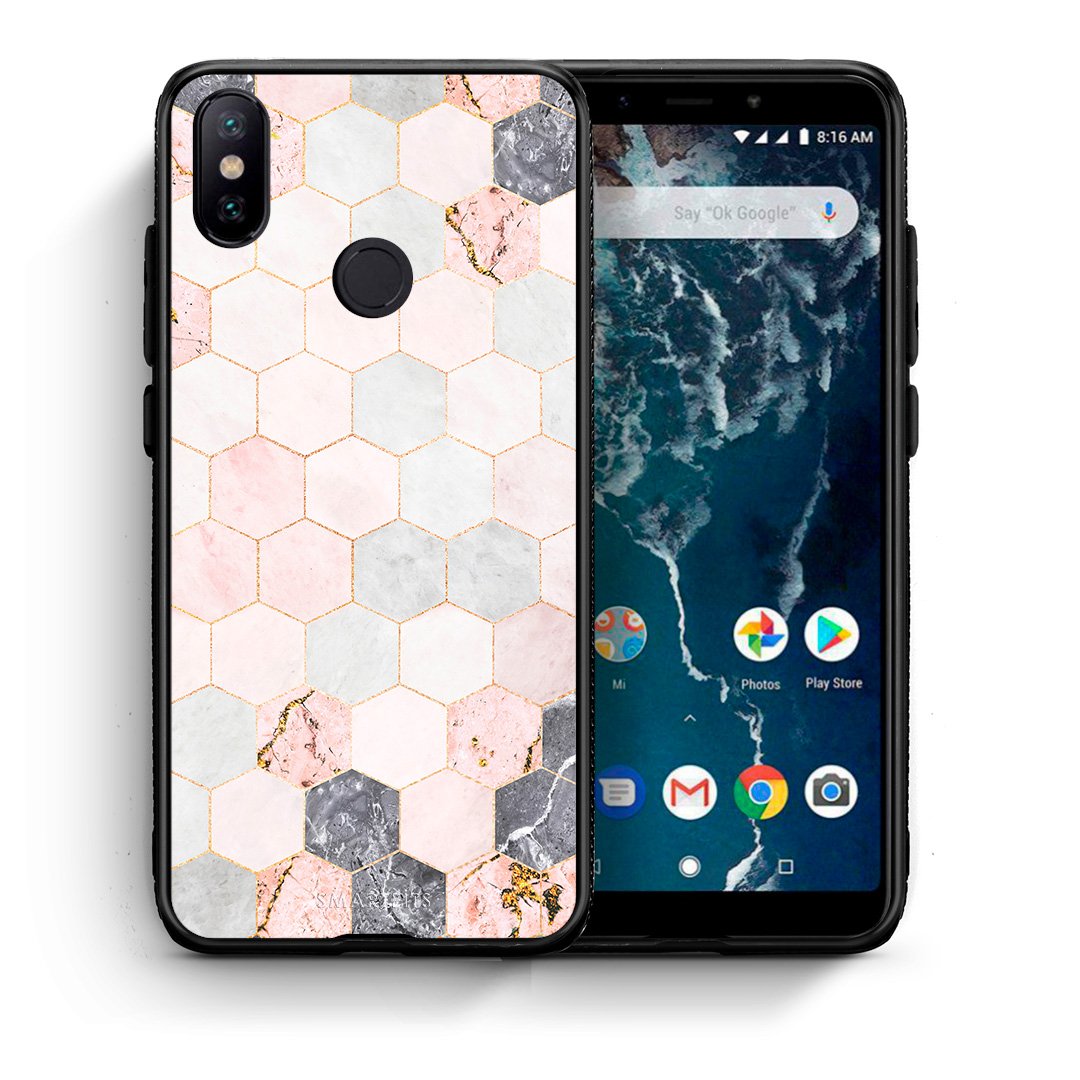 Θήκη Xiaomi Mi A2 Hexagon Pink Marble από τη Smartfits με σχέδιο στο πίσω μέρος και μαύρο περίβλημα | Xiaomi Mi A2 Hexagon Pink Marble case with colorful back and black bezels