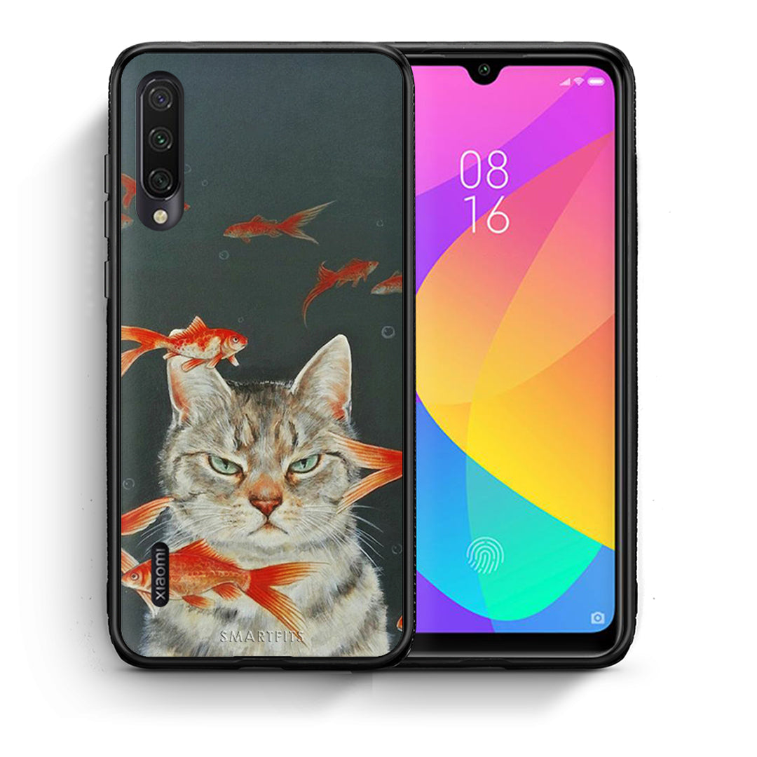 Θήκη Xiaomi Mi A3 Cat Goldfish από τη Smartfits με σχέδιο στο πίσω μέρος και μαύρο περίβλημα | Xiaomi Mi A3 Cat Goldfish case with colorful back and black bezels