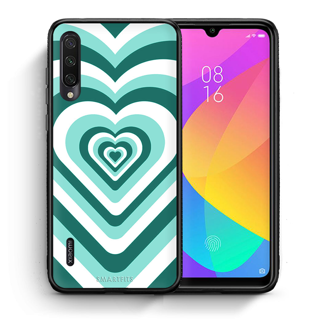 Θήκη Xiaomi Mi A3 Green Hearts από τη Smartfits με σχέδιο στο πίσω μέρος και μαύρο περίβλημα | Xiaomi Mi A3 Green Hearts case with colorful back and black bezels