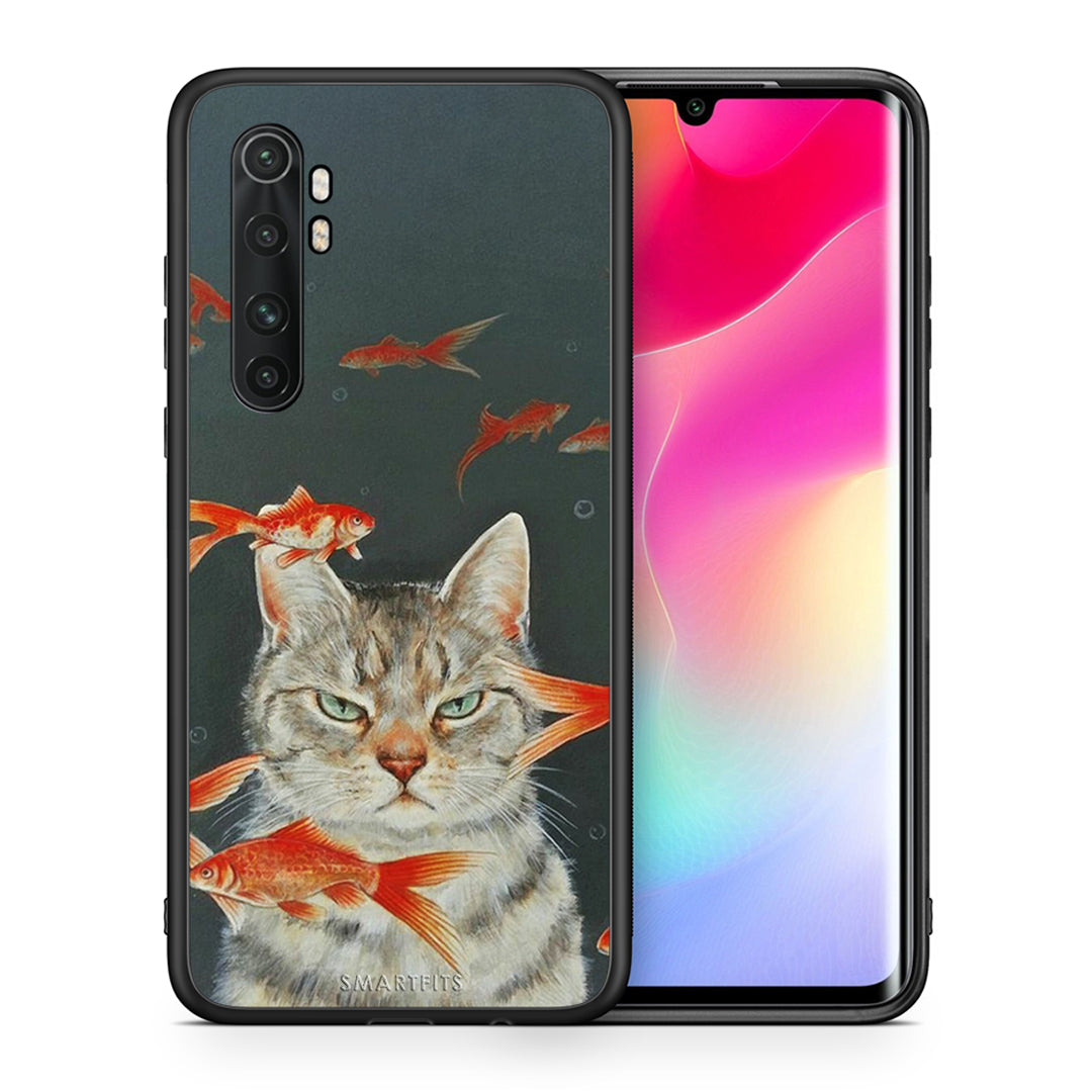 Θήκη Xiaomi Mi Note 10 Lite Cat Goldfish από τη Smartfits με σχέδιο στο πίσω μέρος και μαύρο περίβλημα | Xiaomi Mi Note 10 Lite Cat Goldfish case with colorful back and black bezels