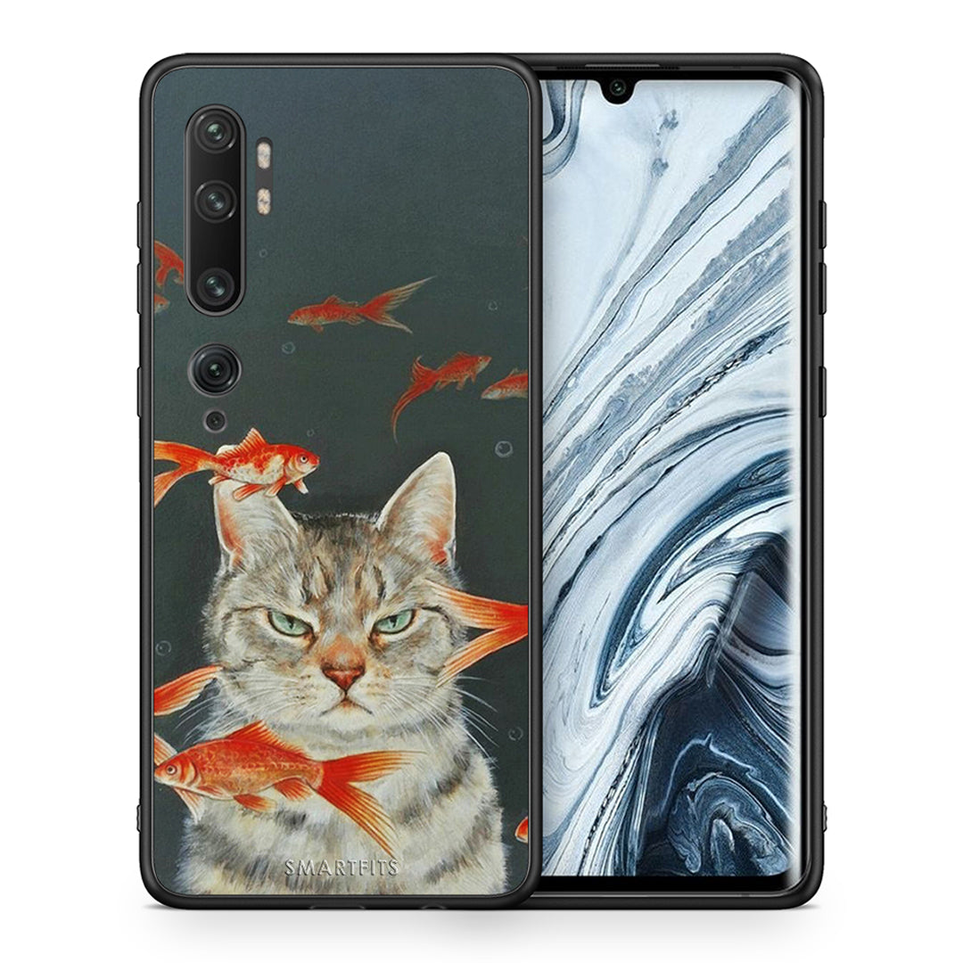 Θήκη Xiaomi Mi Note 10/10 Pro Cat Goldfish από τη Smartfits με σχέδιο στο πίσω μέρος και μαύρο περίβλημα | Xiaomi Mi Note 10/10 Pro Cat Goldfish case with colorful back and black bezels