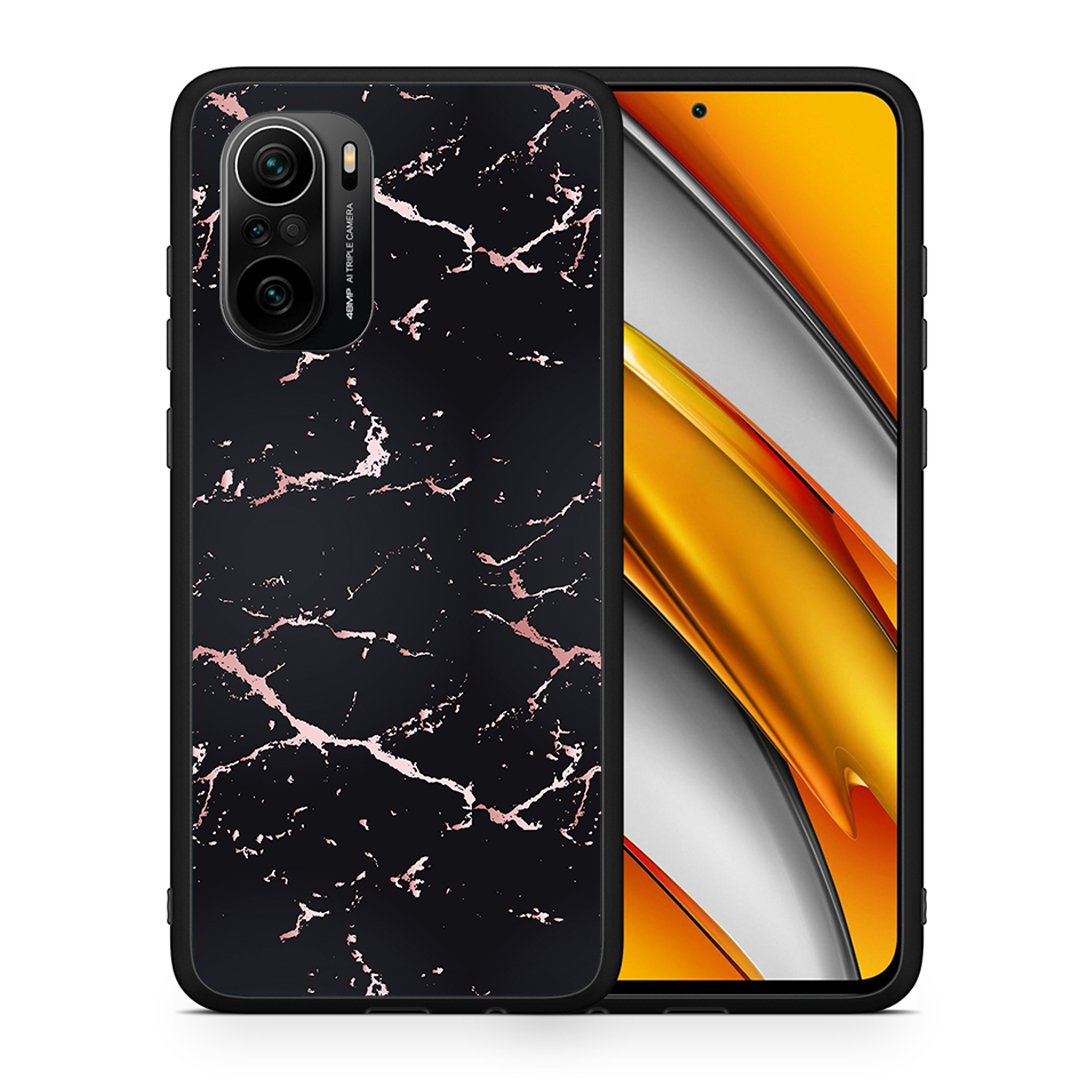 Θήκη Xiaomi Poco F3 Black Rosegold Marble από τη Smartfits με σχέδιο στο πίσω μέρος και μαύρο περίβλημα | Xiaomi Poco F3 Black Rosegold Marble case with colorful back and black bezels