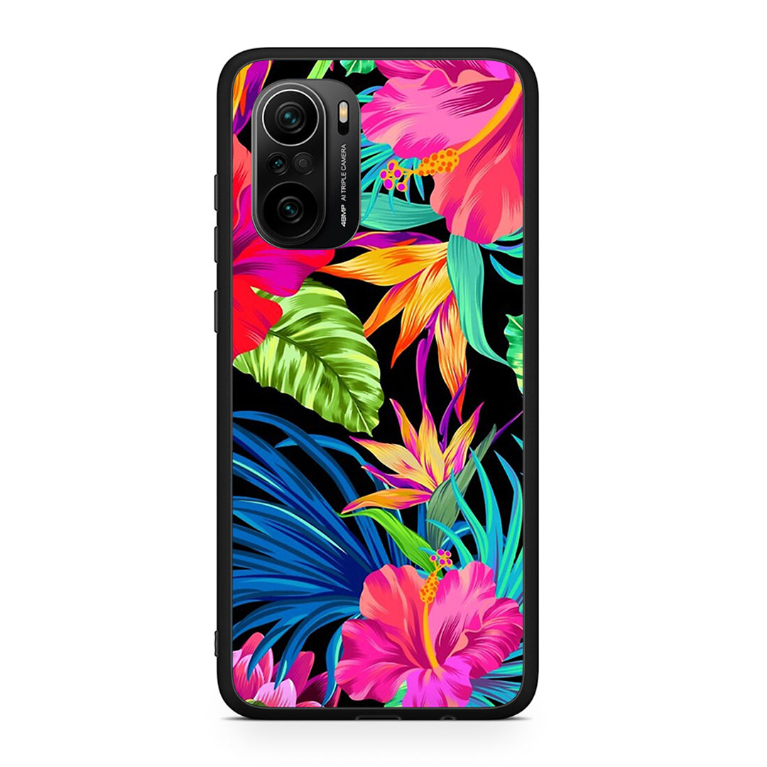 Xiaomi Poco F3 Tropical Flowers θήκη από τη Smartfits με σχέδιο στο πίσω μέρος και μαύρο περίβλημα | Smartphone case with colorful back and black bezels by Smartfits