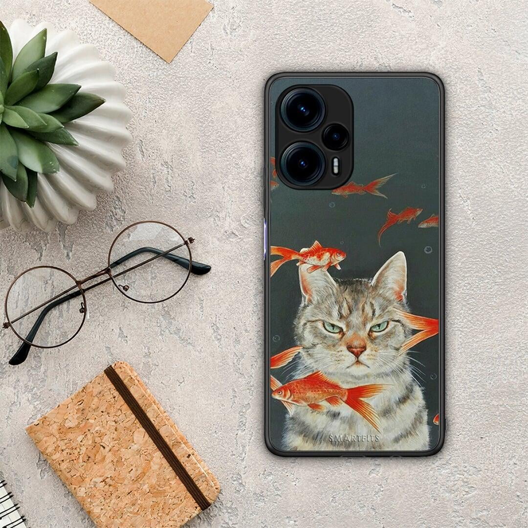 Θήκη Xiaomi Poco F5 5G Cat Goldfish από τη Smartfits με σχέδιο στο πίσω μέρος και μαύρο περίβλημα | Xiaomi Poco F5 5G Cat Goldfish Case with Colorful Back and Black Bezels