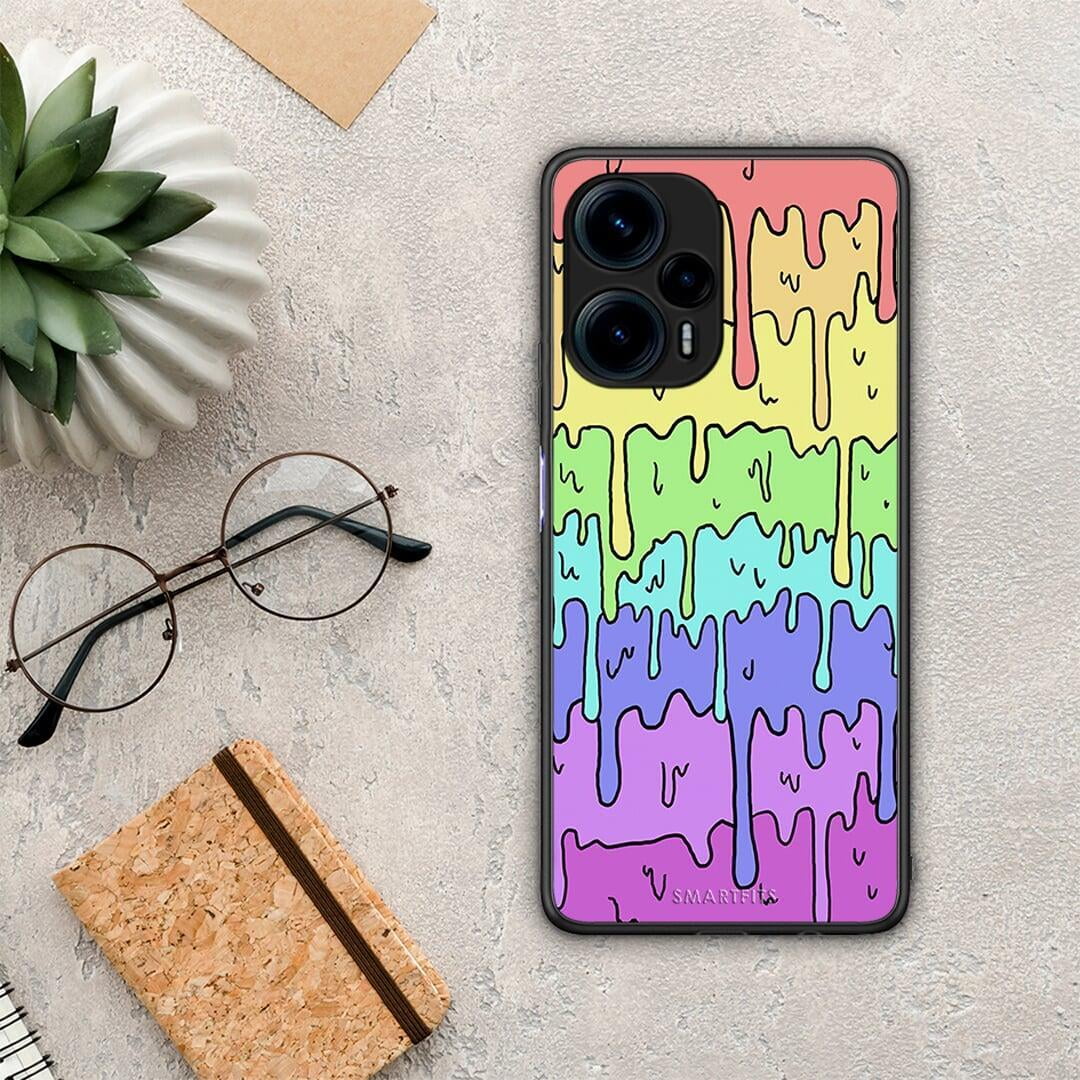 Θήκη Xiaomi Poco F5 5G Melting Rainbow από τη Smartfits με σχέδιο στο πίσω μέρος και μαύρο περίβλημα | Xiaomi Poco F5 5G Melting Rainbow Case with Colorful Back and Black Bezels