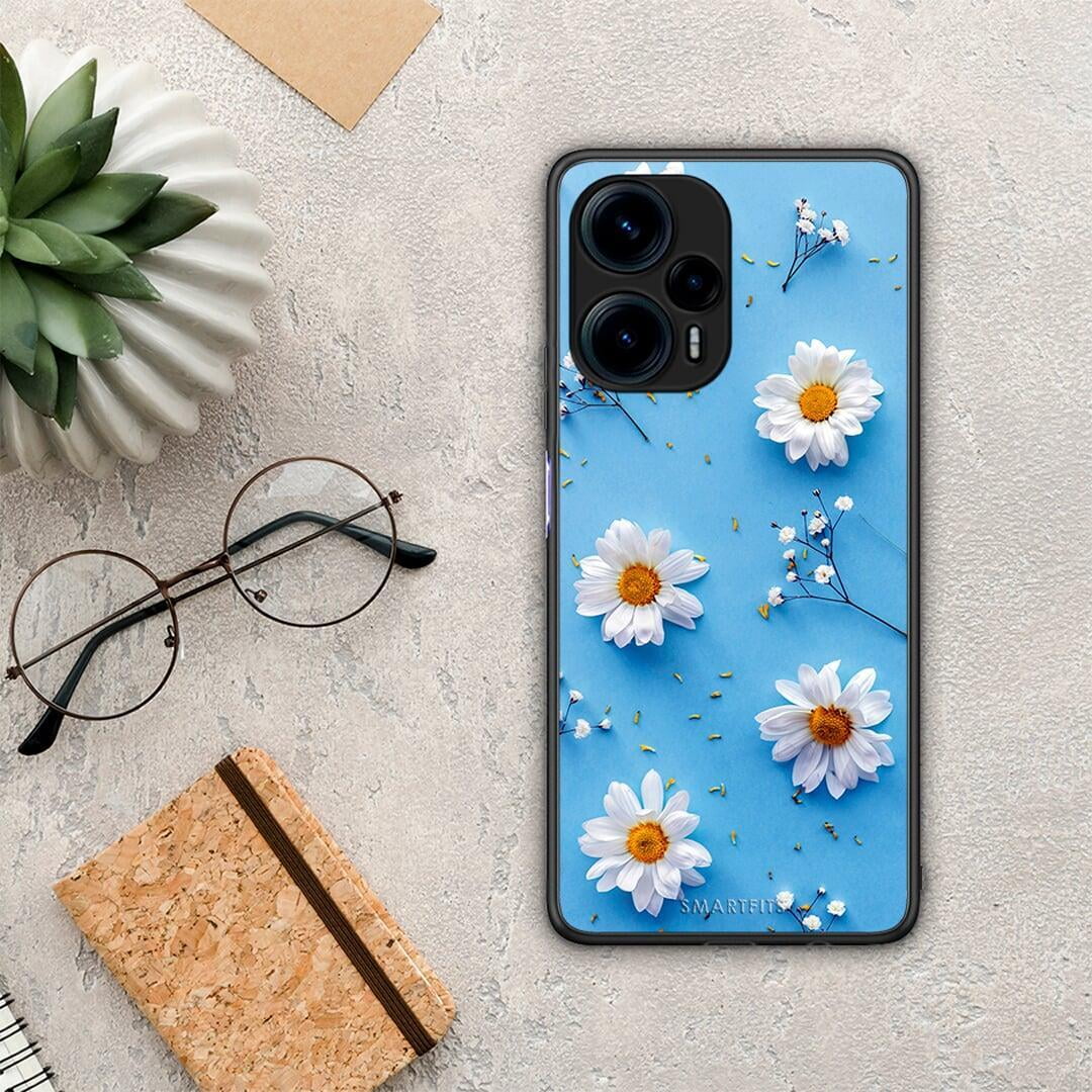 Θήκη Xiaomi Poco F5 5G Real Daisies από τη Smartfits με σχέδιο στο πίσω μέρος και μαύρο περίβλημα | Xiaomi Poco F5 5G Real Daisies Case with Colorful Back and Black Bezels