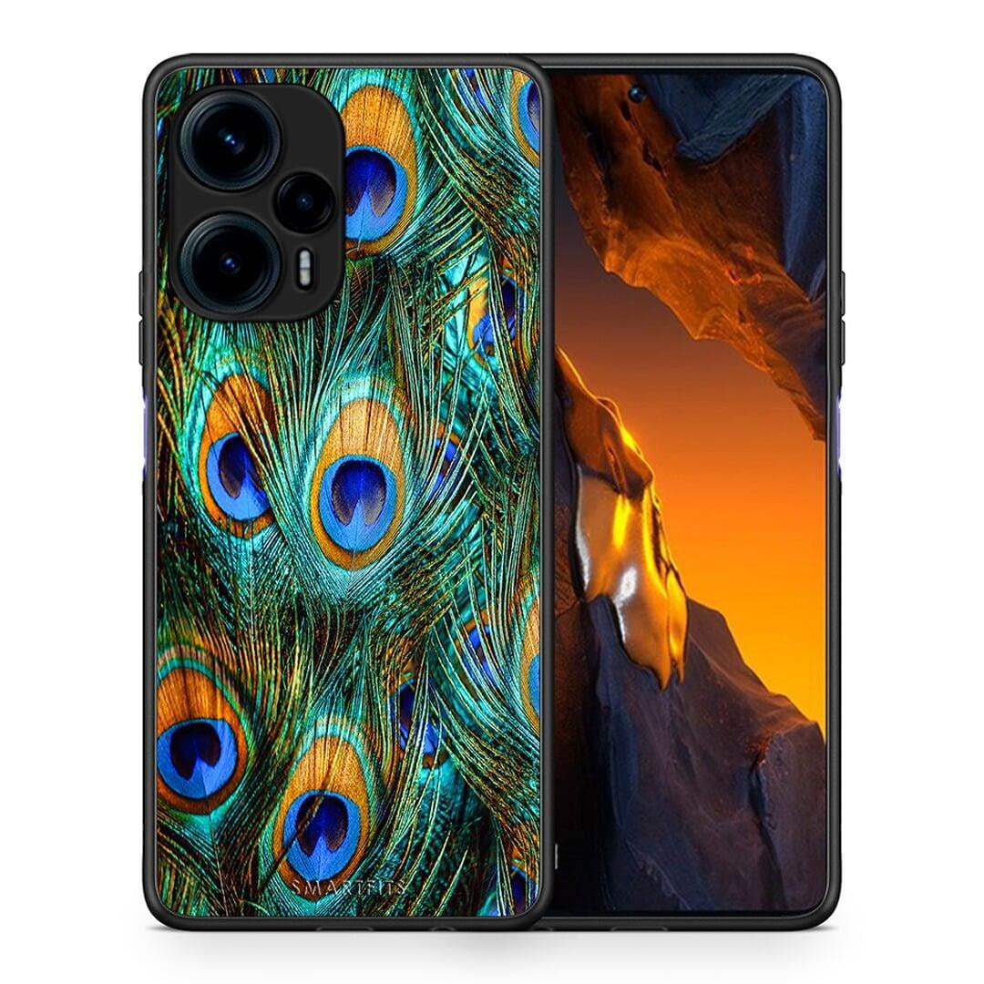 Θήκη Xiaomi Poco F5 5G Real Peacock Feathers από τη Smartfits με σχέδιο στο πίσω μέρος και μαύρο περίβλημα | Xiaomi Poco F5 5G Real Peacock Feathers Case with Colorful Back and Black Bezels