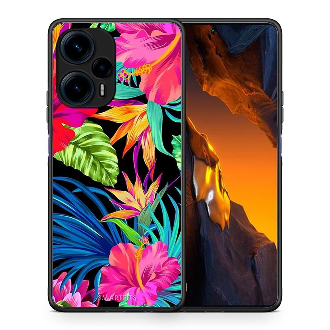 Θήκη Xiaomi Poco F5 5G Tropical Flowers από τη Smartfits με σχέδιο στο πίσω μέρος και μαύρο περίβλημα | Xiaomi Poco F5 5G Tropical Flowers Case with Colorful Back and Black Bezels