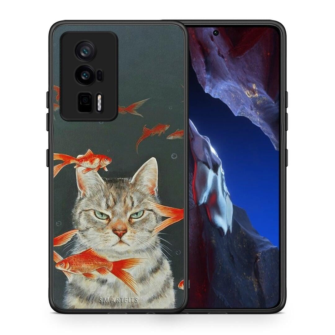 Θήκη Xiaomi Poco F5 Pro / Redmi K60 Pro Cat Goldfish από τη Smartfits με σχέδιο στο πίσω μέρος και μαύρο περίβλημα | Xiaomi Poco F5 Pro / Redmi K60 Pro Cat Goldfish Case with Colorful Back and Black Bezels