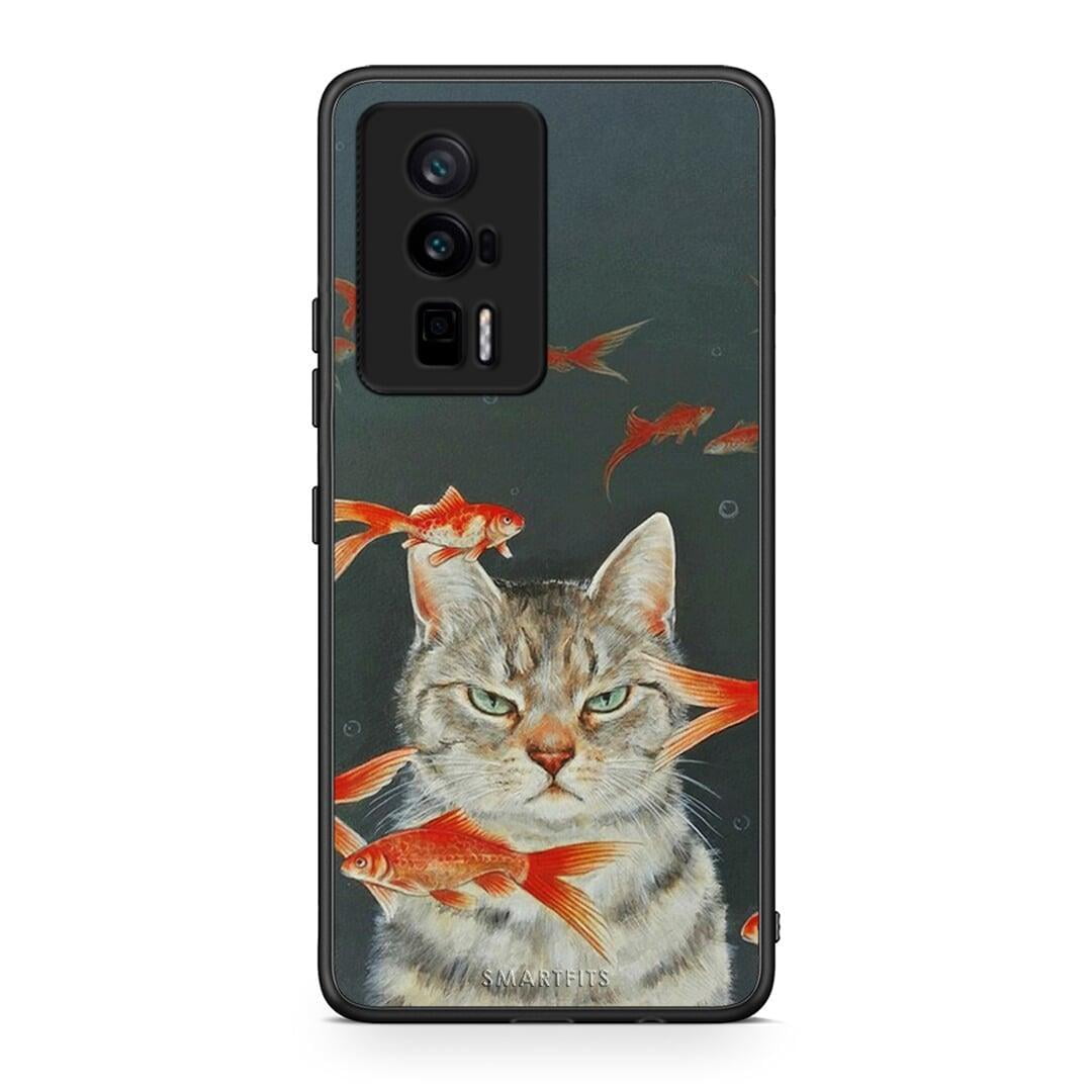 Θήκη Xiaomi Poco F5 Pro / Redmi K60 Pro Cat Goldfish από τη Smartfits με σχέδιο στο πίσω μέρος και μαύρο περίβλημα | Xiaomi Poco F5 Pro / Redmi K60 Pro Cat Goldfish Case with Colorful Back and Black Bezels