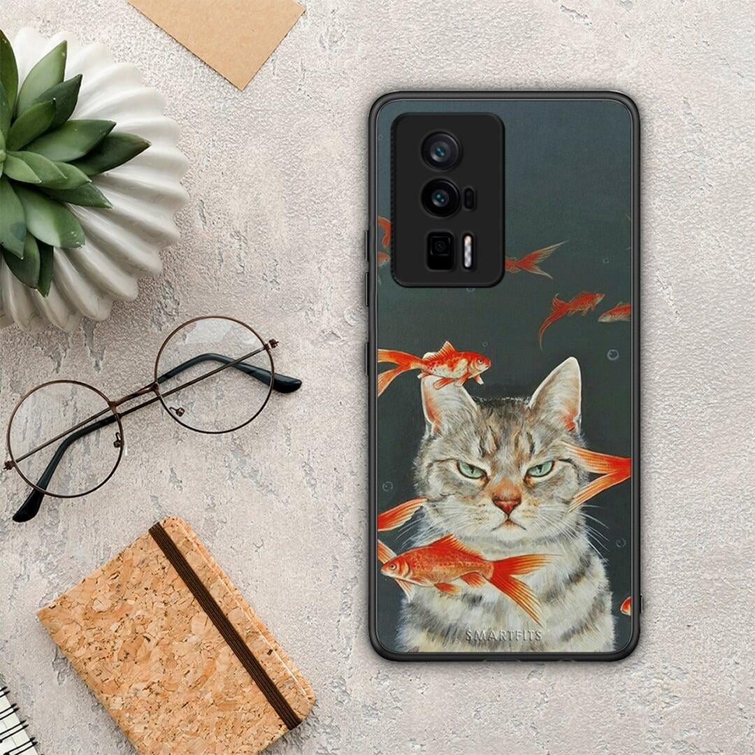 Θήκη Xiaomi Poco F5 Pro / Redmi K60 Pro Cat Goldfish από τη Smartfits με σχέδιο στο πίσω μέρος και μαύρο περίβλημα | Xiaomi Poco F5 Pro / Redmi K60 Pro Cat Goldfish Case with Colorful Back and Black Bezels