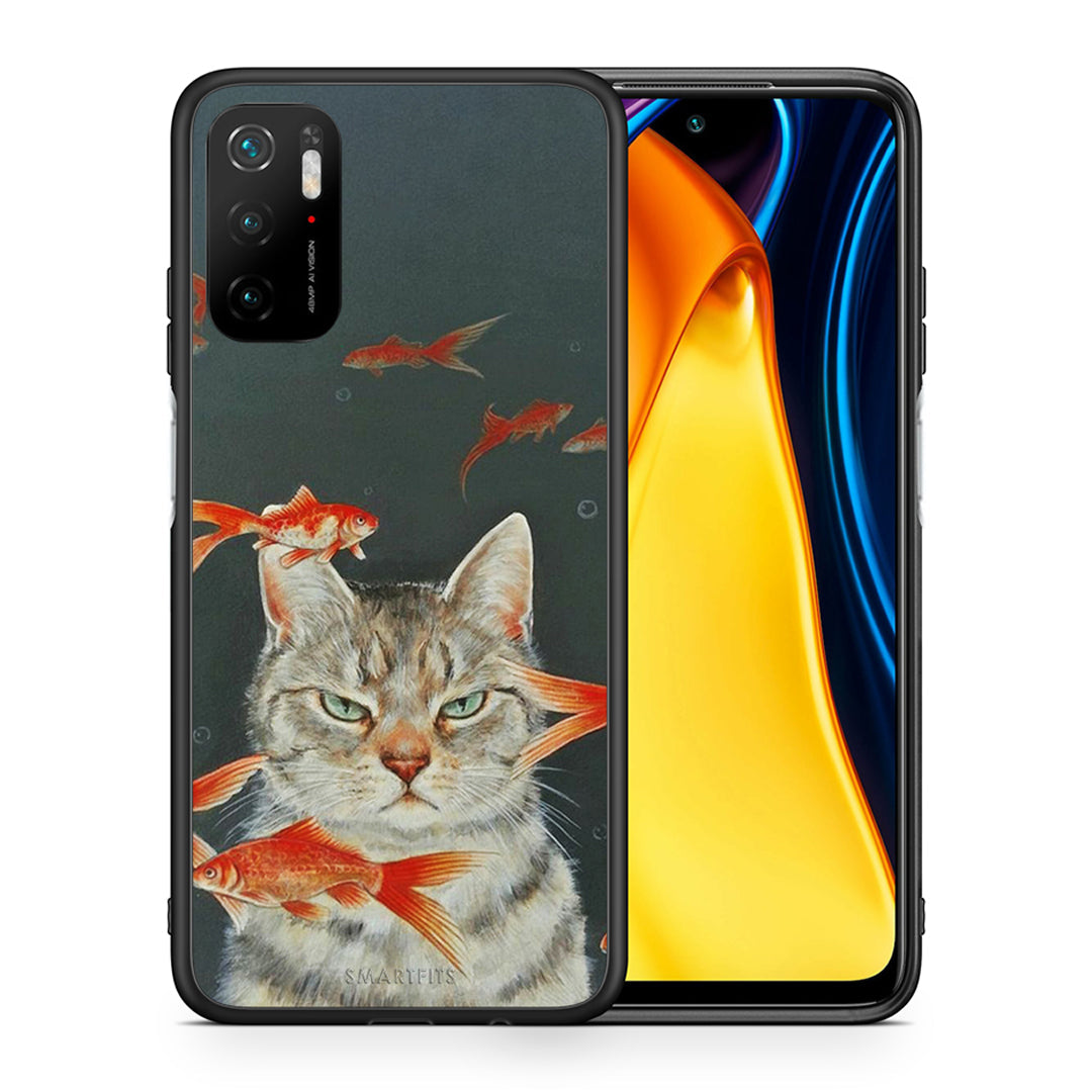 Θήκη Xiaomi Redmi Note 10 5G/Poco M3 Pro Cat Goldfish από τη Smartfits με σχέδιο στο πίσω μέρος και μαύρο περίβλημα | Xiaomi Redmi Note 10 5G/Poco M3 Pro Cat Goldfish case with colorful back and black bezels