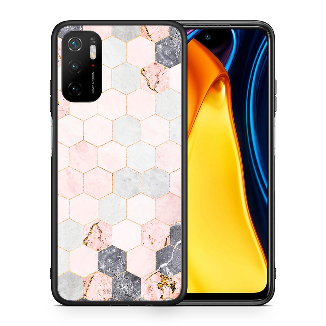 Θήκη Xiaomi Redmi Note 10 5G/Poco M3 Pro Hexagon Pink Marble από τη Smartfits με σχέδιο στο πίσω μέρος και μαύρο περίβλημα | Xiaomi Redmi Note 10 5G/Poco M3 Pro Hexagon Pink Marble case with colorful back and black bezels