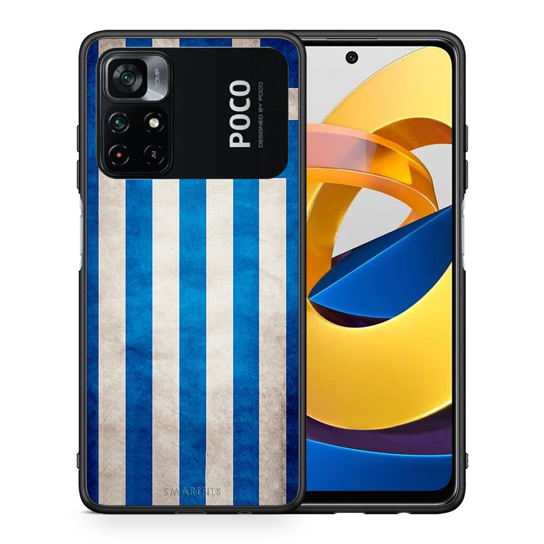 Θήκη Xiaomi Poco M4 Pro 4G Greek Flag από τη Smartfits με σχέδιο στο πίσω μέρος και μαύρο περίβλημα | Xiaomi Poco M4 Pro 4G Greek Flag case with colorful back and black bezels