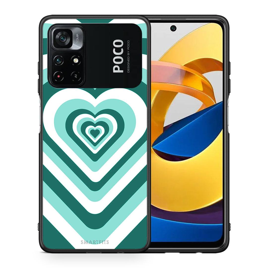 Θήκη Xiaomi Poco M4 Pro 4G Green Hearts από τη Smartfits με σχέδιο στο πίσω μέρος και μαύρο περίβλημα | Xiaomi Poco M4 Pro 4G Green Hearts case with colorful back and black bezels