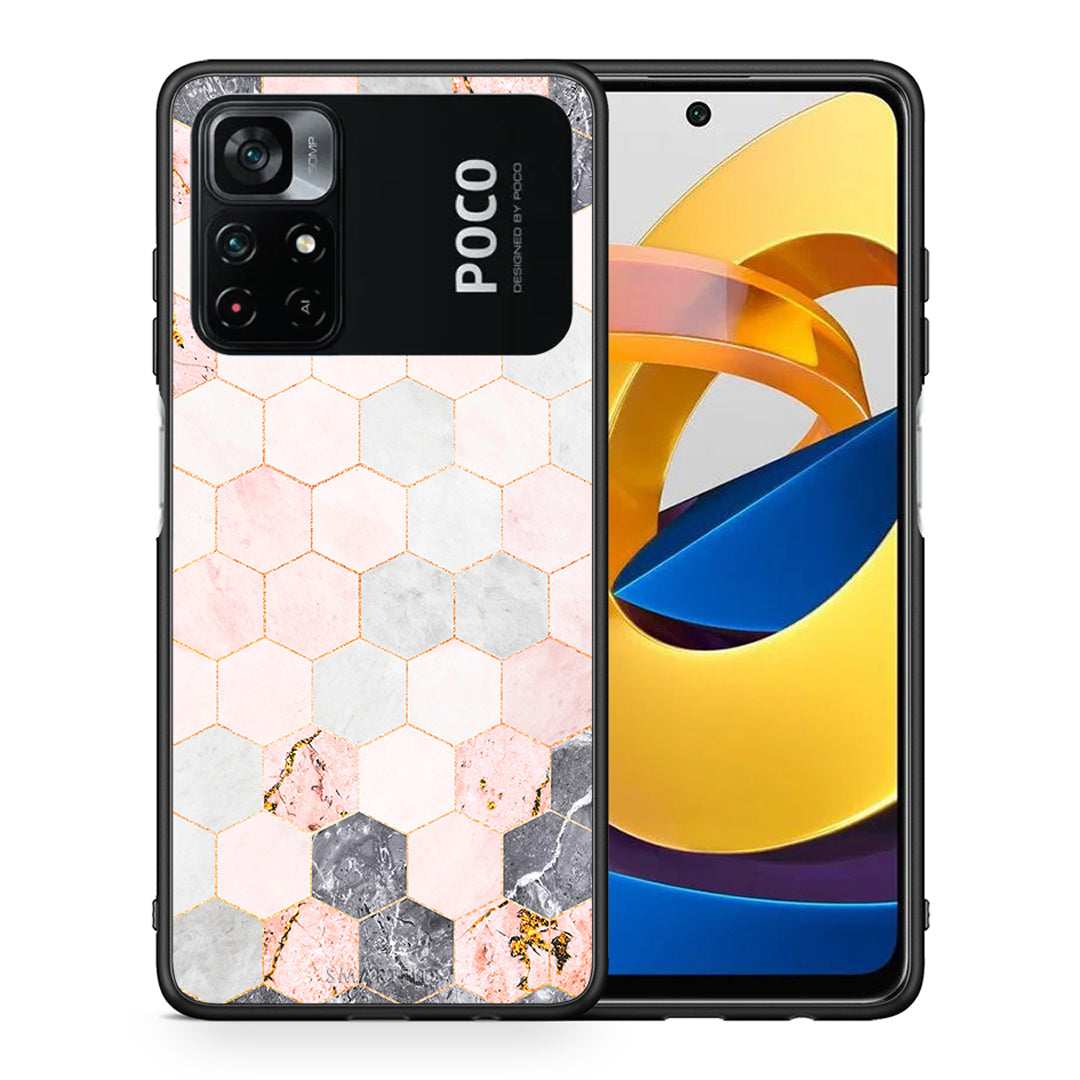Θήκη Xiaomi Poco M4 Pro 4G Hexagon Pink Marble από τη Smartfits με σχέδιο στο πίσω μέρος και μαύρο περίβλημα | Xiaomi Poco M4 Pro 4G Hexagon Pink Marble case with colorful back and black bezels