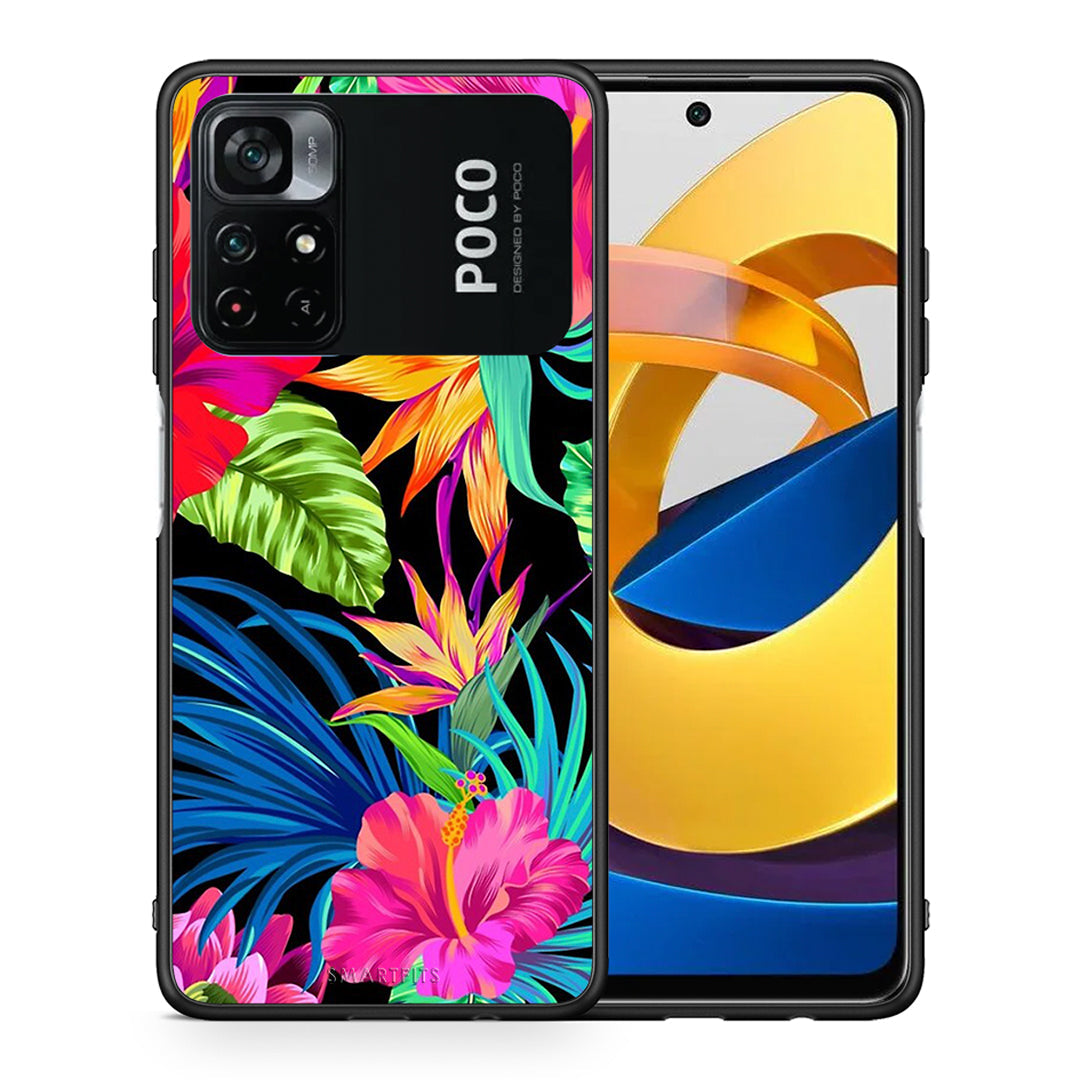 Θήκη Xiaomi Poco M4 Pro 4G Tropical Flowers από τη Smartfits με σχέδιο στο πίσω μέρος και μαύρο περίβλημα | Xiaomi Poco M4 Pro 4G Tropical Flowers case with colorful back and black bezels