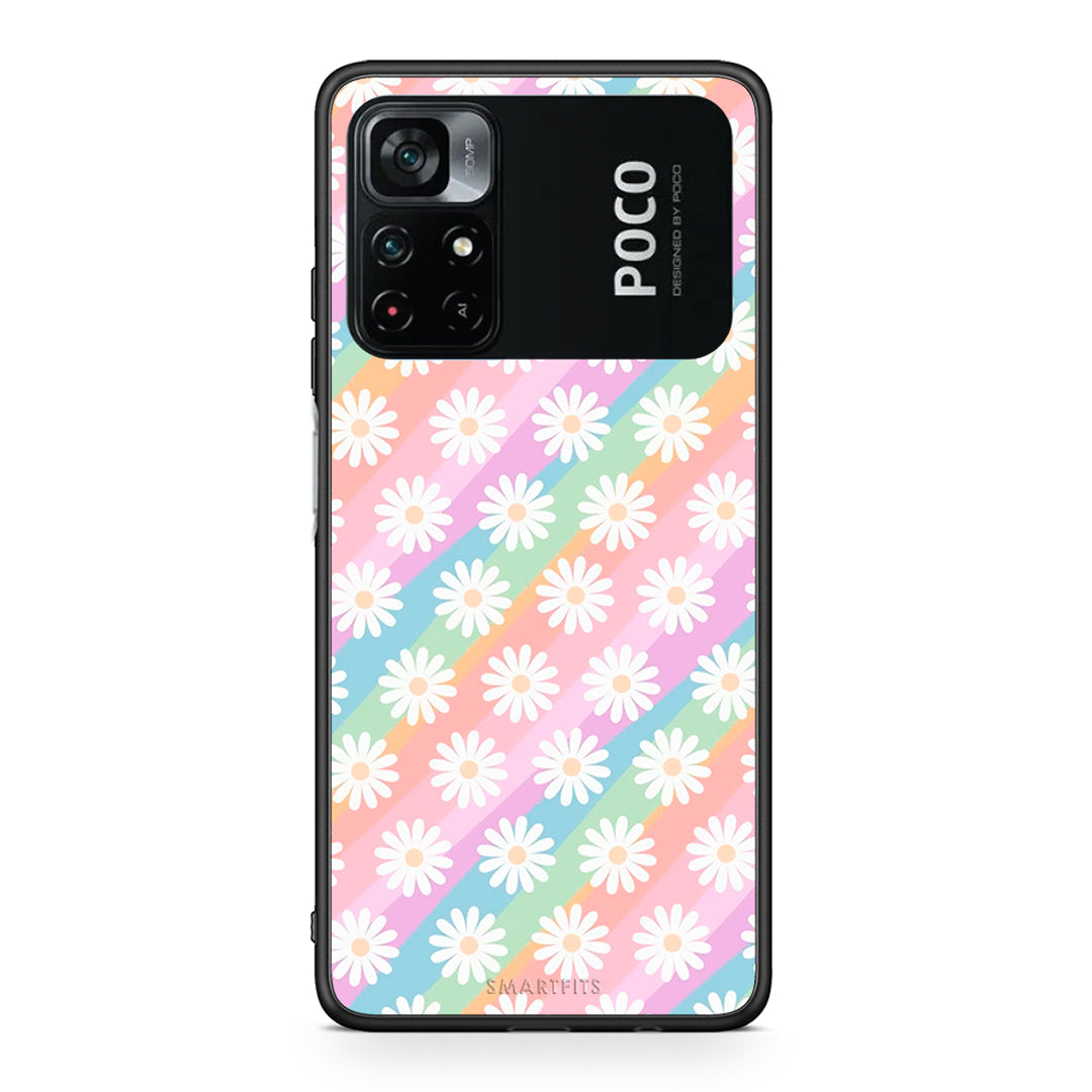 Xiaomi Poco M4 Pro 4G White Daisies θήκη από τη Smartfits με σχέδιο στο πίσω μέρος και μαύρο περίβλημα | Smartphone case with colorful back and black bezels by Smartfits