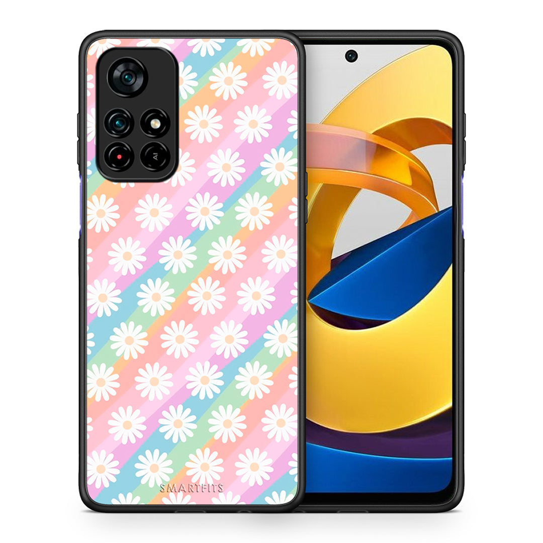 Θήκη Xiaomi Poco M4 Pro 5G White Daisies από τη Smartfits με σχέδιο στο πίσω μέρος και μαύρο περίβλημα | Xiaomi Poco M4 Pro 5G White Daisies case with colorful back and black bezels