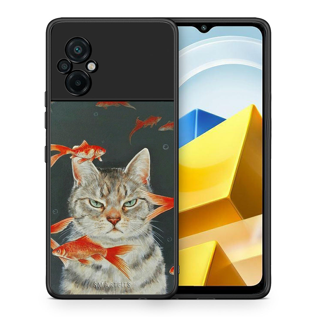 Θήκη Xiaomi Poco M5 / Redmi Note 11E Cat Goldfish από τη Smartfits με σχέδιο στο πίσω μέρος και μαύρο περίβλημα | Xiaomi Poco M5 / Redmi Note 11E Cat Goldfish case with colorful back and black bezels