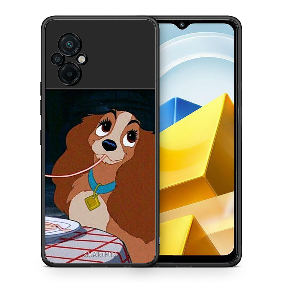 Θήκη Αγίου Βαλεντίνου Xiaomi Poco M5 / Redmi Note 11E Lady And Tramp 2 από τη Smartfits με σχέδιο στο πίσω μέρος και μαύρο περίβλημα | Xiaomi Poco M5 / Redmi Note 11E Lady And Tramp 2 case with colorful back and black bezels