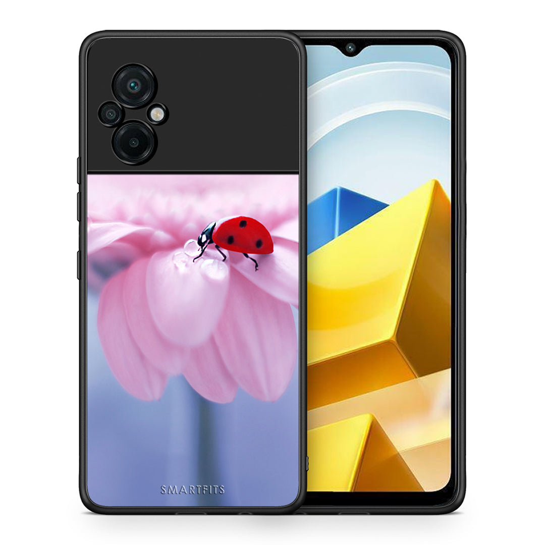 Θήκη Xiaomi Poco M5 / Redmi Note 11E Ladybug Flower από τη Smartfits με σχέδιο στο πίσω μέρος και μαύρο περίβλημα | Xiaomi Poco M5 / Redmi Note 11E Ladybug Flower case with colorful back and black bezels