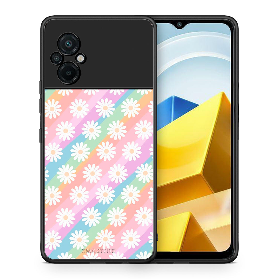 Θήκη Xiaomi Poco M5 / Redmi Note 11E White Daisies από τη Smartfits με σχέδιο στο πίσω μέρος και μαύρο περίβλημα | Xiaomi Poco M5 / Redmi Note 11E White Daisies case with colorful back and black bezels