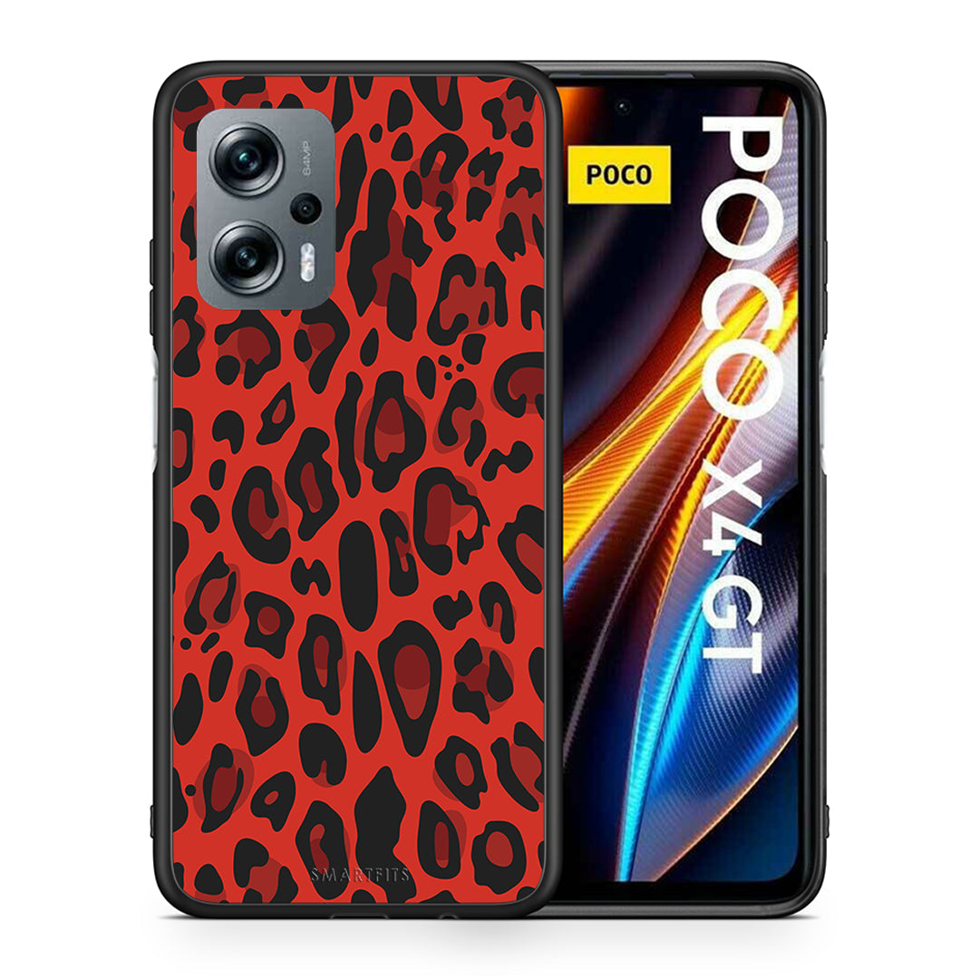 Θήκη Xiaomi Poco X4 GT Red Leopard Animal από τη Smartfits με σχέδιο στο πίσω μέρος και μαύρο περίβλημα | Xiaomi Poco X4 GT Red Leopard Animal case with colorful back and black bezels