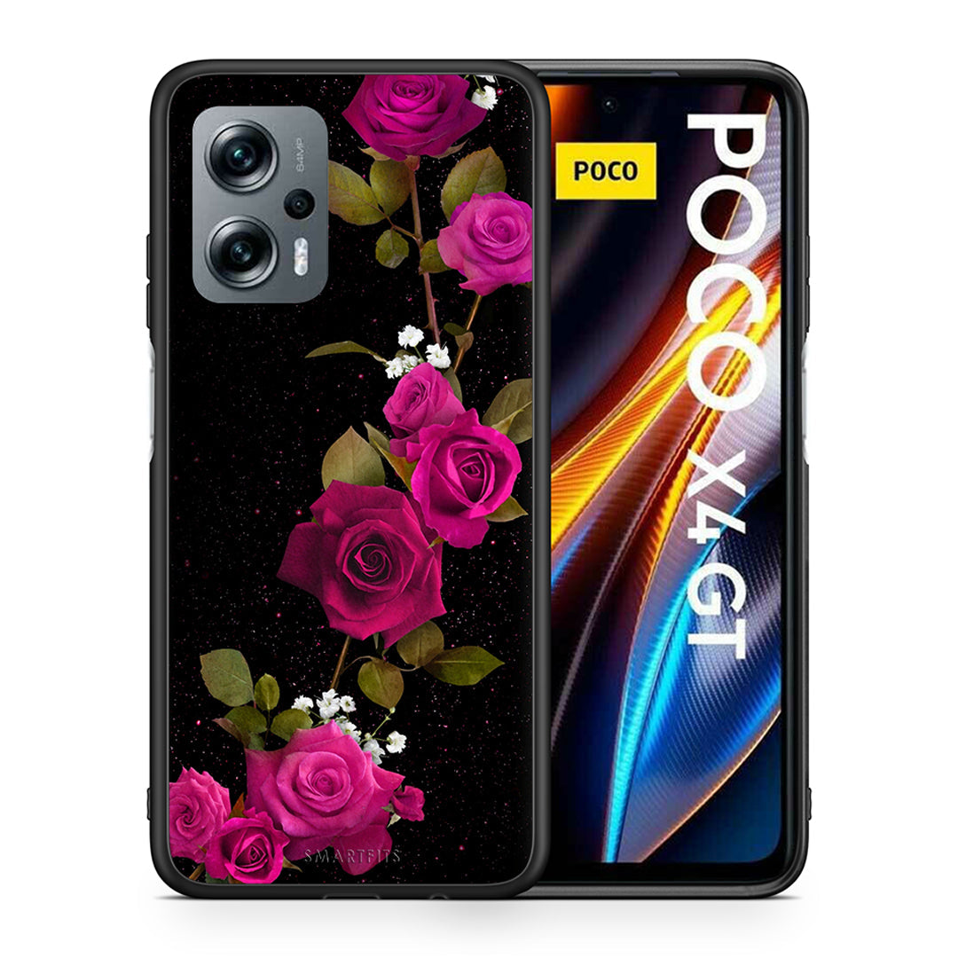 Θήκη Xiaomi Poco X4 GT Red Roses Flower από τη Smartfits με σχέδιο στο πίσω μέρος και μαύρο περίβλημα | Xiaomi Poco X4 GT Red Roses Flower case with colorful back and black bezels