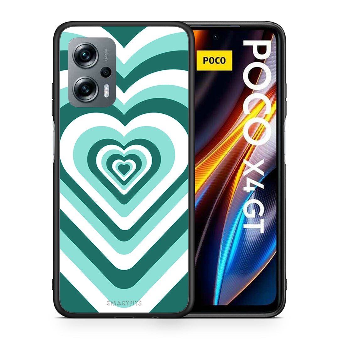 Θήκη Xiaomi Poco X4 GT Green Hearts από τη Smartfits με σχέδιο στο πίσω μέρος και μαύρο περίβλημα | Xiaomi Poco X4 GT Green Hearts case with colorful back and black bezels